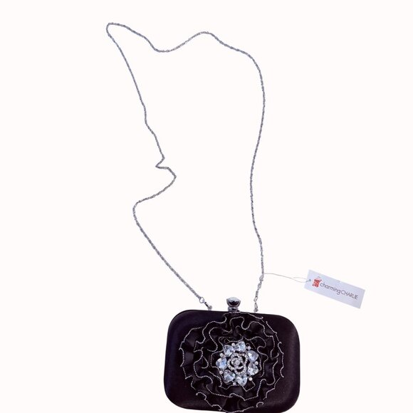 Charming Charlie Black Satin Clutch Purse Rhinestone Evening Bag Hard Case Ruffl - Picture 14 of 15